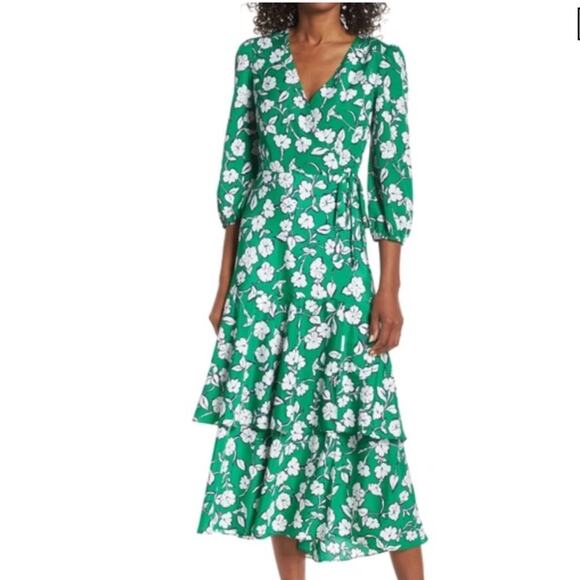 ELIZA J Floral Green Wrap Dress Size 6 - Picture 3 of 6